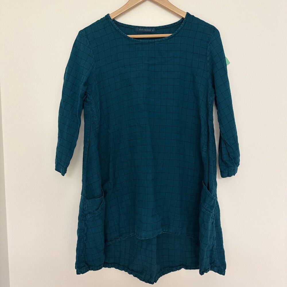 Cut Loose Linen Tunic Top Checks Green Small  Patch Pocket Minimalist Lagenlook